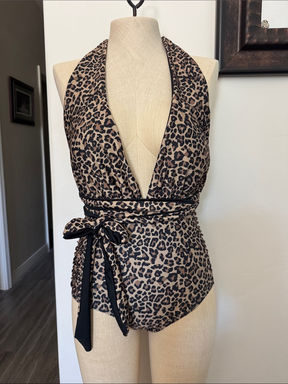 Multi-design Leopard Print Halter One-Piece Swimsuit with Waist Tie ~ size small